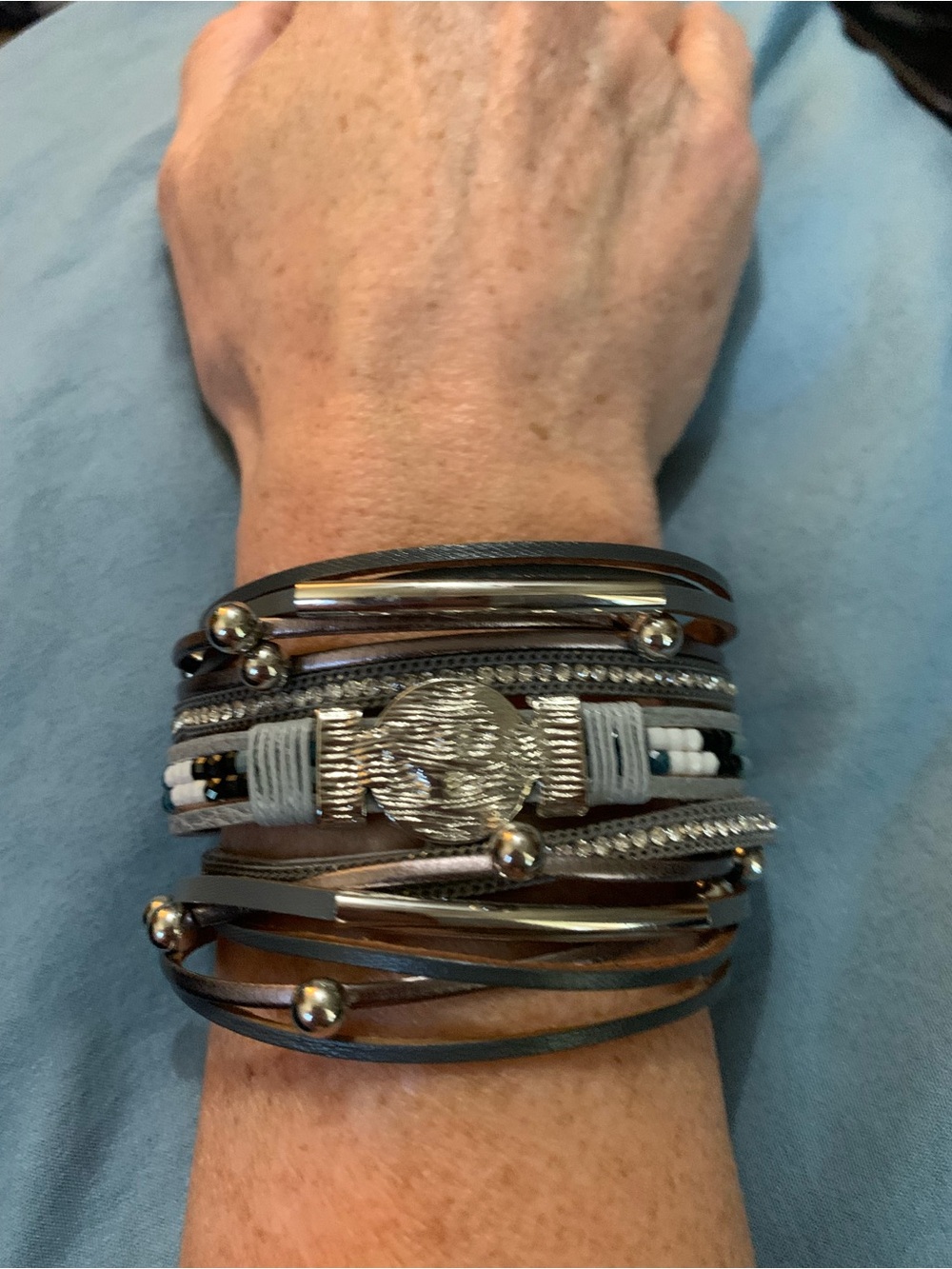 GelConnie Multi-Strand Leather Wrap Bracelet with Rhinestone Accents